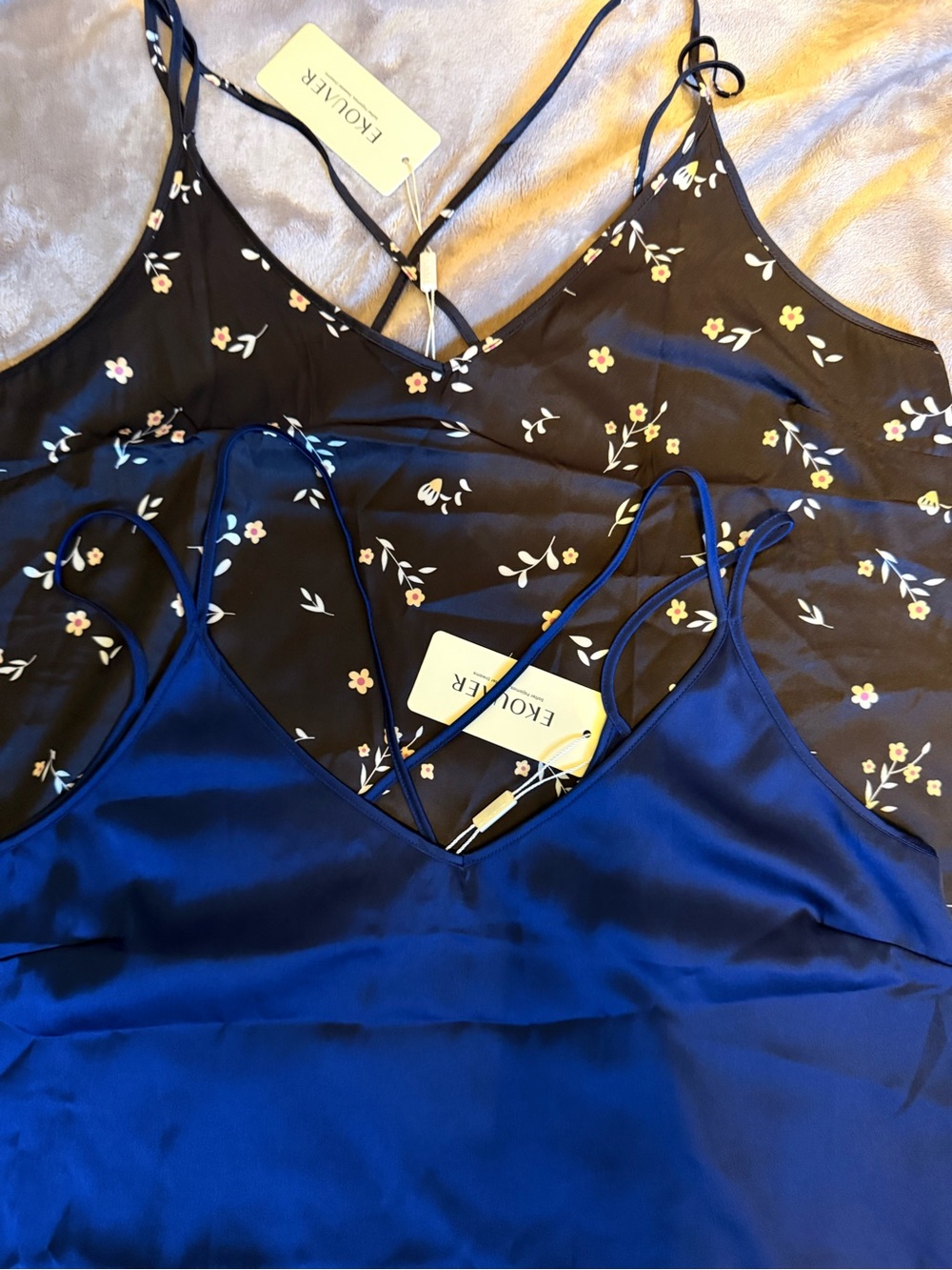 Two Satin V-Neck Camisole Tank - Royal Blue & black floral - Picture 6 of 9